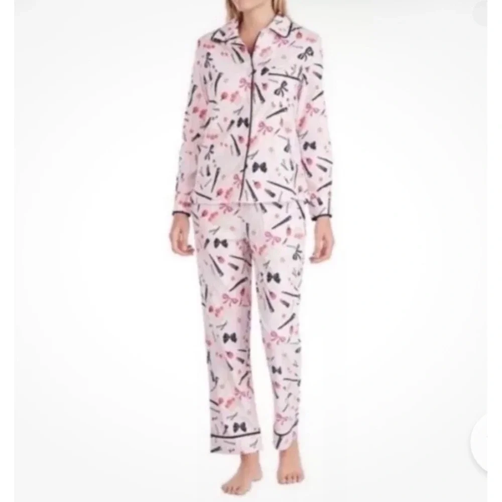 Kate Spade Pajama Set Womens Medium Pink Beauty Print Bows Lipstick Long Sleeve
